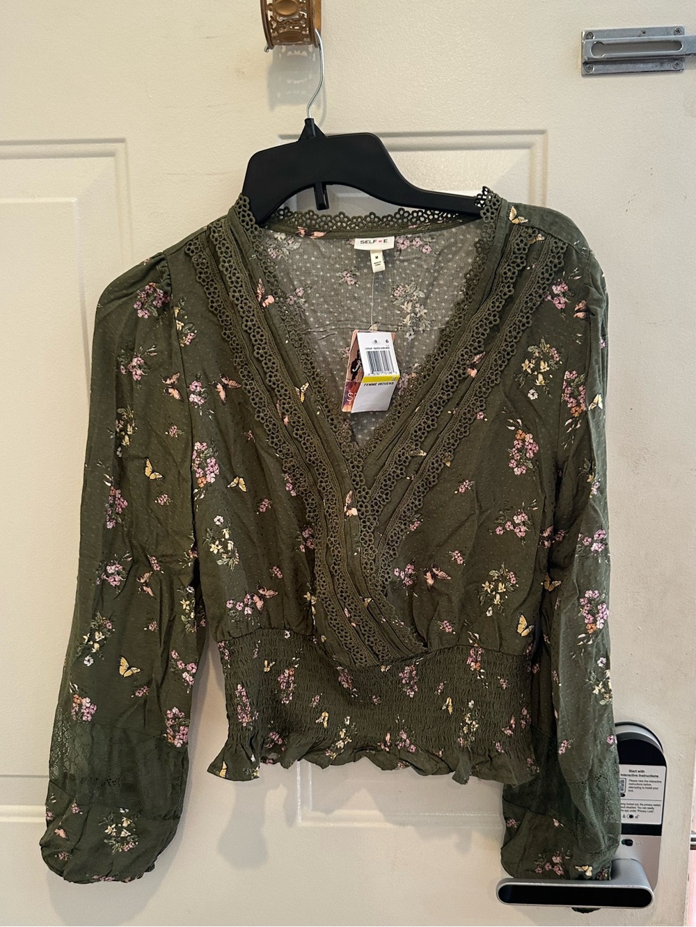 Floral Lace-Trim Olive Green Wrap Blouse